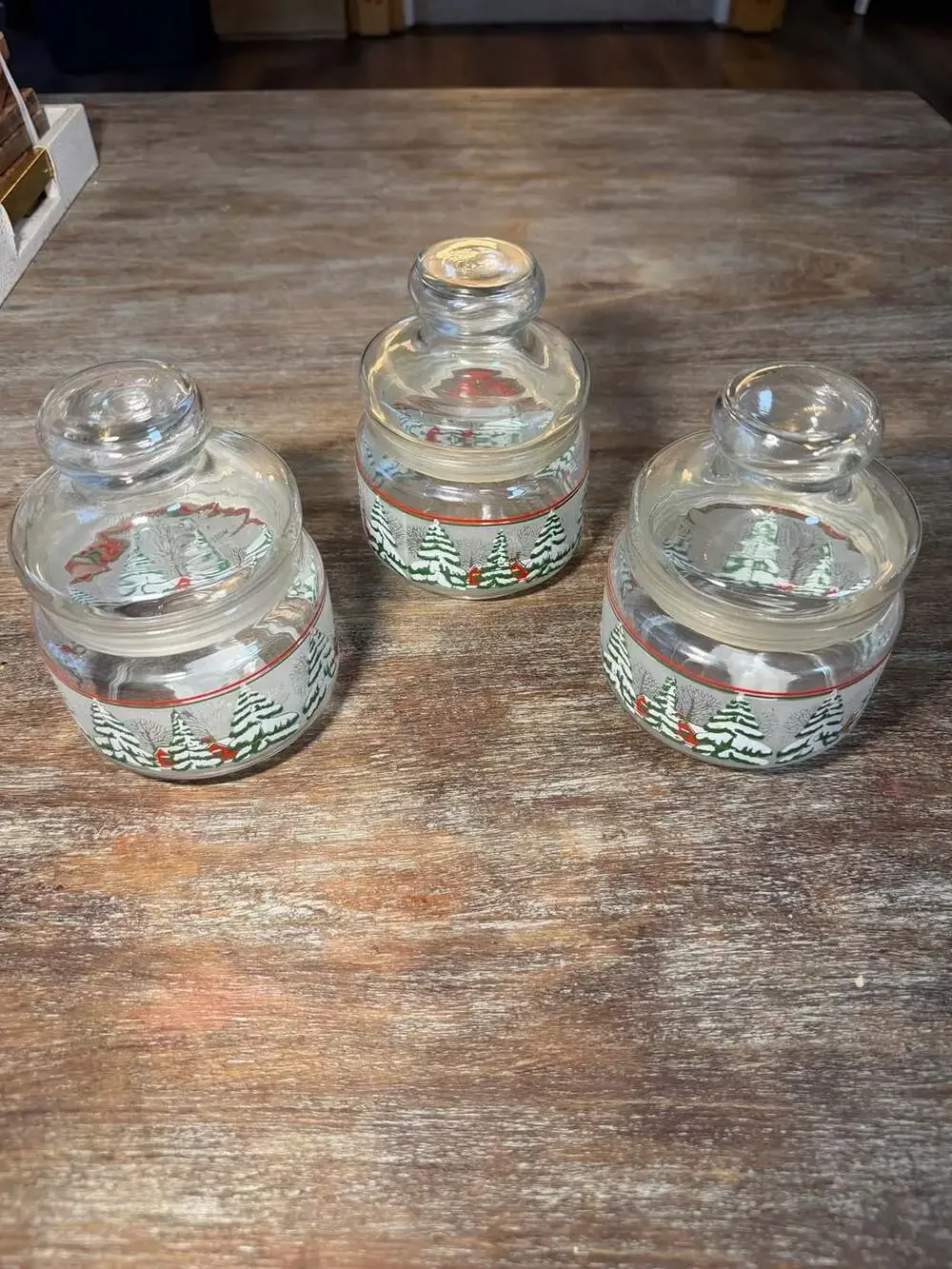 KIG Indonesia Vintage Winter Snow Scene Glass Candy Jars with Lids - Set of 3